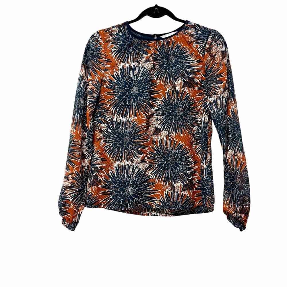 H&M Navy & Rust Brown Floral Print Long Sleeve Blouse Sz 2 NWT